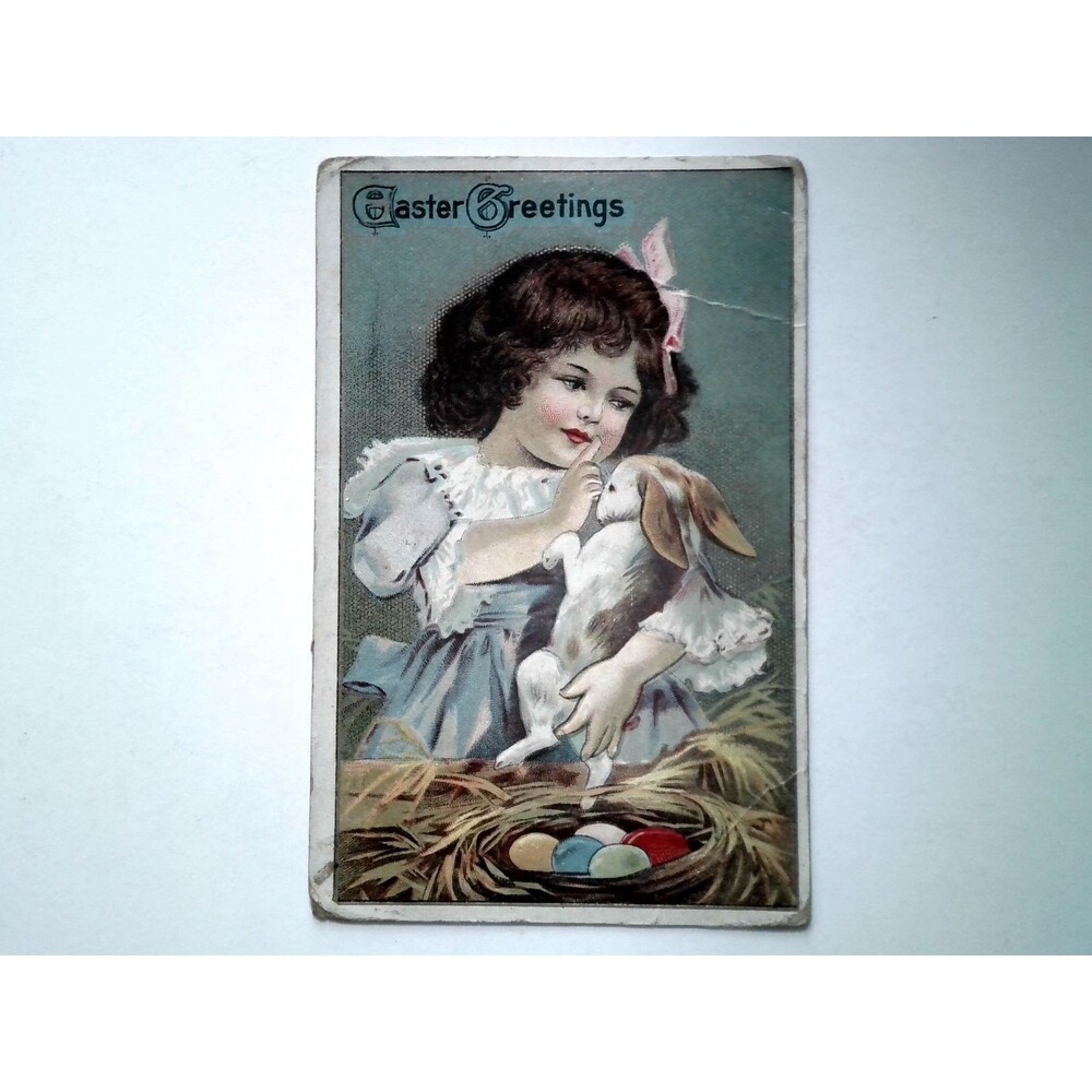 Antique Easter Greetings Postcard 1913 Girl Bunny Nest Colorful Eggs Embossed